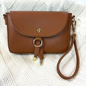 Melie Bianco Vegan Leather Lia Wristlet Bag in Cognac Brown and Gold
